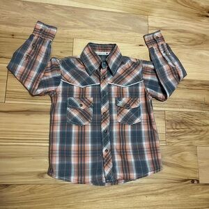 Cowboy Hardware Orange and Gray Plaid Pearl Snap Shirt